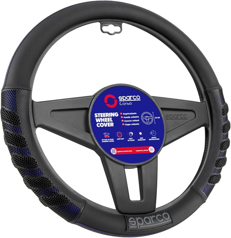 سباركو غطاء عجلة القيادة العالمي من SPARCO مقاس 38 سم، SPS101BL، أسود/أزرق - Image 1