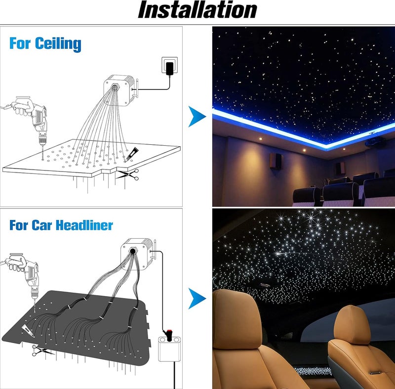CHINLY 16W 650pcs 0.03in 13.1ft Fiber Optic Lights Star Ceiling Headliner Light Kit, APP Car Use Bluetooth RGBW LED, Remote Music Mode Optical Fiber+Adapter+Cigarette Lighter for Car/Home Theater - Image 4