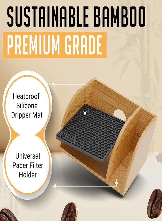 HEXNUB – Caddy for Pour Over Coffee Makers, Bamboo Stand fits Chemex, Bodum, Cosori Carafes, Heatproof Mat, Filter Holder for Coffee Brewing - Black Mat - Image 5