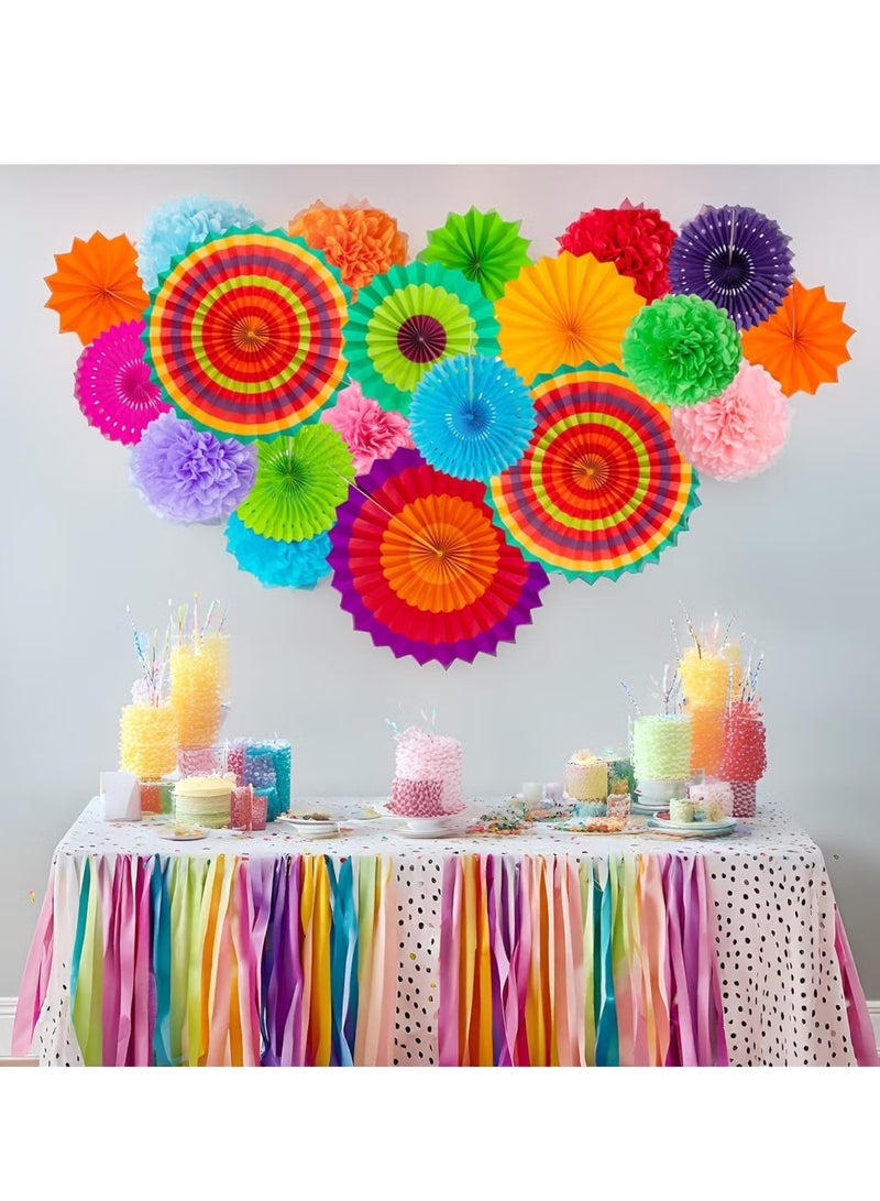 OMEVE Fiesta Party Decorations - 33pcs Colorful Mexican Themed Hanging Paper Fans, Rainbow Paper Pom Poms, Fiesta Bunting and Tissue Paper Streamers for Birthday, Festival, and Rainbow Parties - Image 5