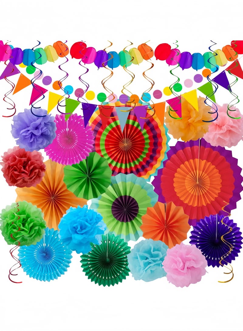OMEVE Fiesta Party Decorations - 33pcs Colorful Mexican Themed Hanging Paper Fans, Rainbow Paper Pom Poms, Fiesta Bunting and Tissue Paper Streamers for Birthday, Festival, and Rainbow Parties - Image 1