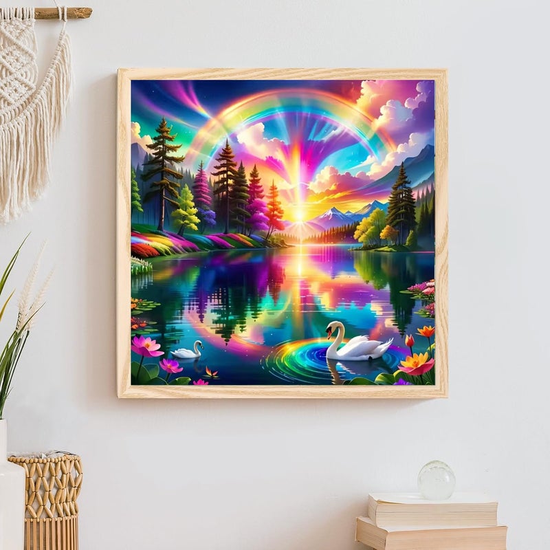 KTHOFCY 5D DIY Diamond Painting Kits for Adults, Rainbow, Lake and Swans Full Drill Crystal Rhinestone Paintings Pictures Arts Wall Decor Painting Dots Kits 11.8X11.8inch - Image 2