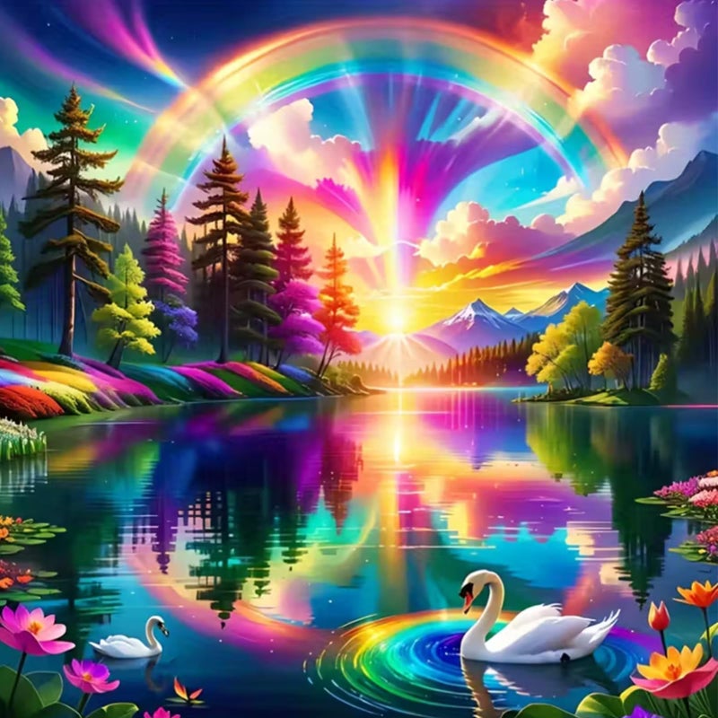 KTHOFCY 5D DIY Diamond Painting Kits for Adults, Rainbow, Lake and Swans Full Drill Crystal Rhinestone Paintings Pictures Arts Wall Decor Painting Dots Kits 11.8X11.8inch - Image 1