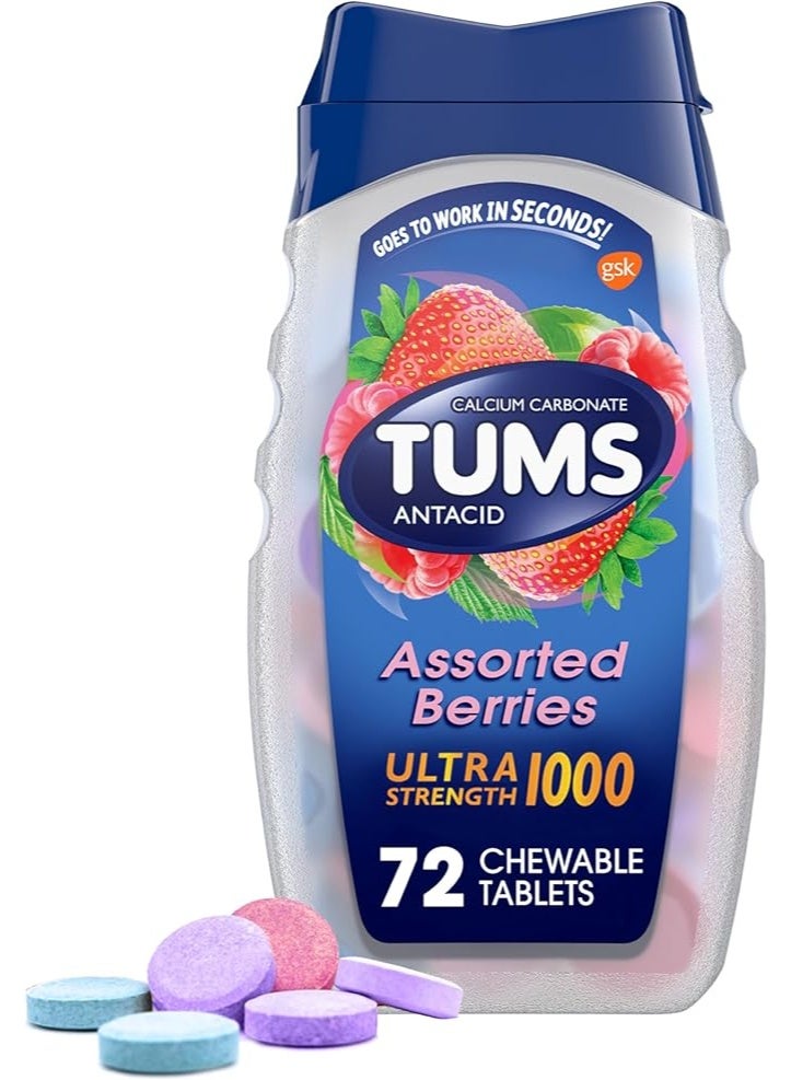 TUMS Ultra Strength Chewable Antacid Tablets for Heartburn Relief and Acid Indigestion Relief, Assorted Berries - 72 Count - Image 1