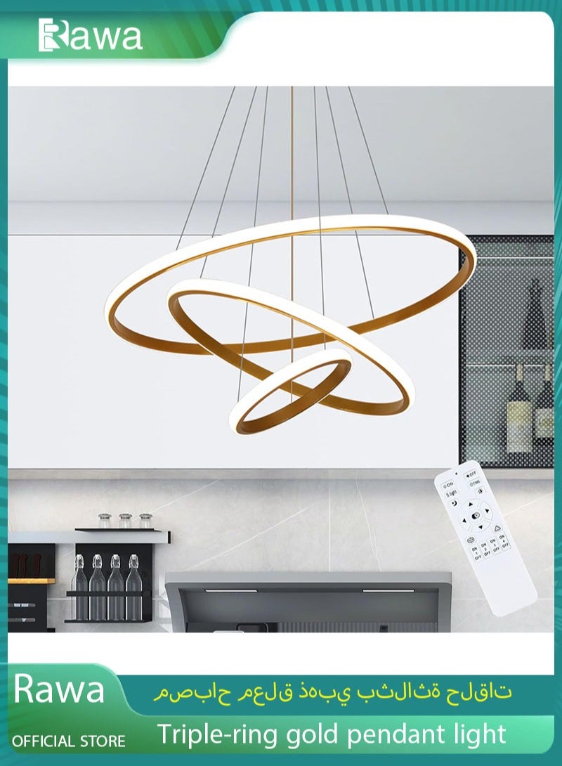 روعة ثريا LED حديثة 88 واط للسقوف العالية، مصباح معلق ذهبي بثلاث حلقات قابل للتعتيم مع مصباح سقف مدمج عن بعد لغرفة الطعام وغرفة المعيشة والردهة ومدخل الجزيرة وغرفة النوم، 3000K-6500K - Image 1