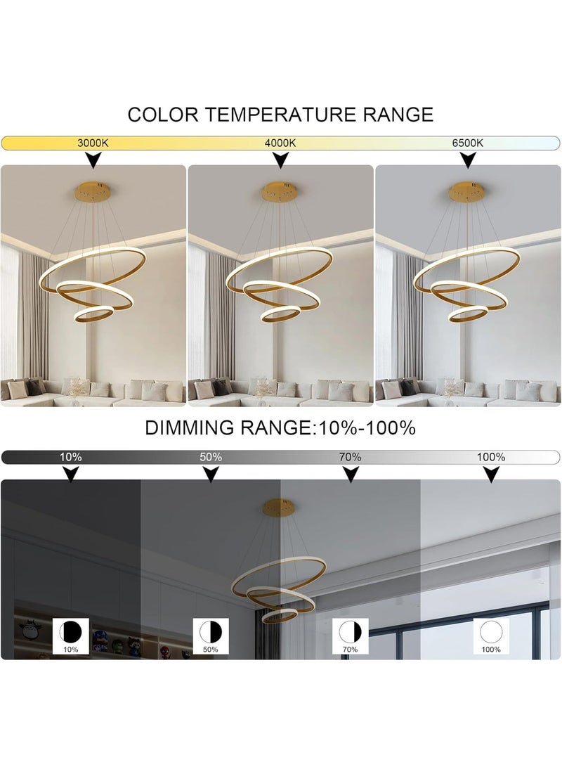 روعة ثريا LED حديثة 88 واط للسقوف العالية، مصباح معلق ذهبي بثلاث حلقات قابل للتعتيم مع مصباح سقف مدمج عن بعد لغرفة الطعام وغرفة المعيشة والردهة ومدخل الجزيرة وغرفة النوم، 3000K-6500K - Image 4