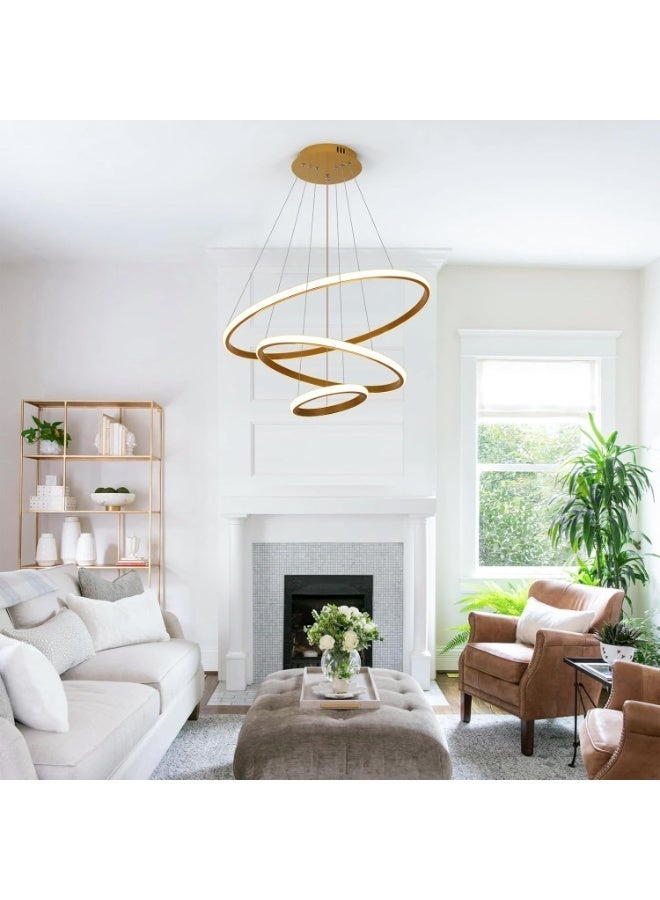 روعة ثريا LED حديثة 88 واط للسقوف العالية، مصباح معلق ذهبي بثلاث حلقات قابل للتعتيم مع مصباح سقف مدمج عن بعد لغرفة الطعام وغرفة المعيشة والردهة ومدخل الجزيرة وغرفة النوم، 3000K-6500K - Image 3