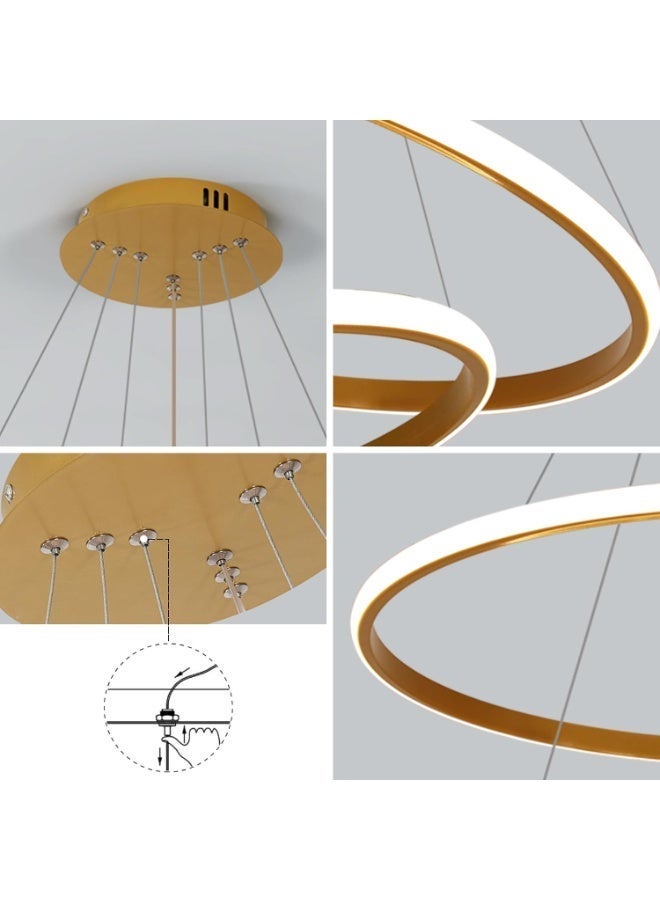 روعة ثريا LED حديثة 88 واط للسقوف العالية، مصباح معلق ذهبي بثلاث حلقات قابل للتعتيم مع مصباح سقف مدمج عن بعد لغرفة الطعام وغرفة المعيشة والردهة ومدخل الجزيرة وغرفة النوم، 3000K-6500K - Image 5
