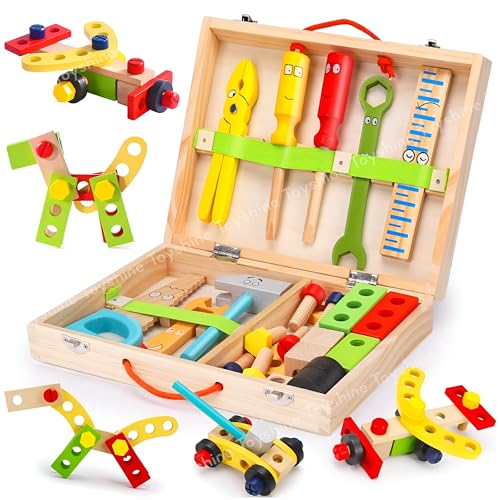 Toyshine 35 Pcs Wooden Tool Set Learning Educational Pretend Play Portable Construction Tools Kit Toy for Kids ,Montessori Stem Construction Toys for Boy Girl 3 + - Image 1