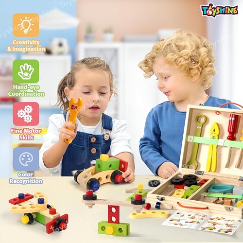 Toyshine 35 Pcs Wooden Tool Set Learning Educational Pretend Play Portable Construction Tools Kit Toy for Kids ,Montessori Stem Construction Toys for Boy Girl 3 + - Image 4