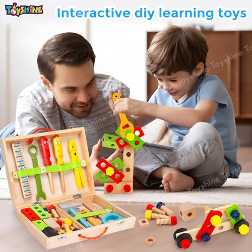 Toyshine 35 Pcs Wooden Tool Set Learning Educational Pretend Play Portable Construction Tools Kit Toy for Kids ,Montessori Stem Construction Toys for Boy Girl 3 + - Image 2