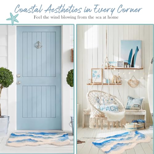 DyeFury Blue Ocean Wave Bath Mat, Cute Funky Bathroom Rugs for Coastal Beach Nautical Themed Decor, Non-Slip Washable Accent Rug for Bedroom Kitchen, Trendy Tufted Shower Mats 31"x 21" - Image 2