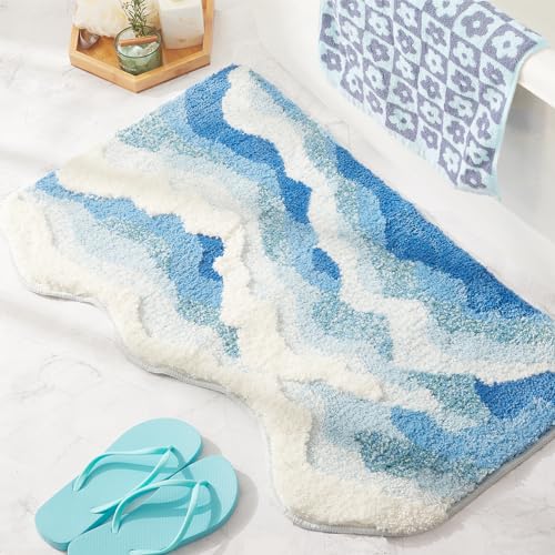DyeFury Blue Ocean Wave Bath Mat, Cute Funky Bathroom Rugs for Coastal Beach Nautical Themed Decor, Non-Slip Washable Accent Rug for Bedroom Kitchen, Trendy Tufted Shower Mats 31"x 21" - Image 1