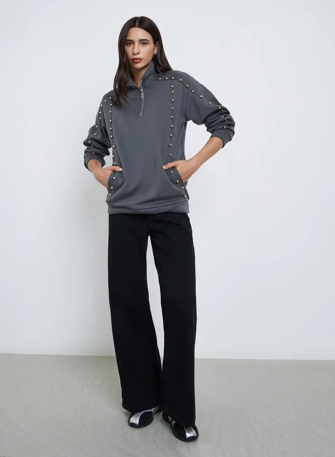 Styli Grey Regular Fit Studded Sweatshirt