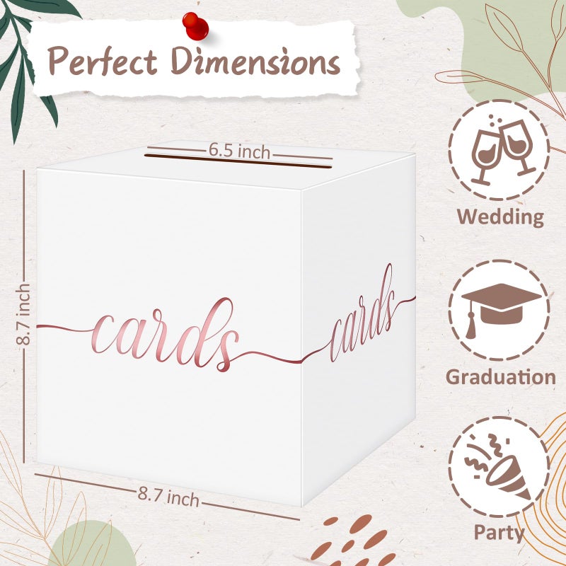 QIKSION White Wedding Card Box, Rose Gold Foil Gift Card Box for Party, Wedding Reception, Graduation, Birthday, Baby Shower, Raffle - Image 4