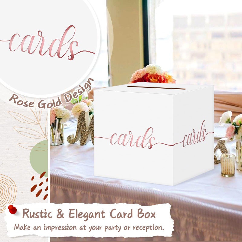 QIKSION White Wedding Card Box, Rose Gold Foil Gift Card Box for Party, Wedding Reception, Graduation, Birthday, Baby Shower, Raffle - Image 3
