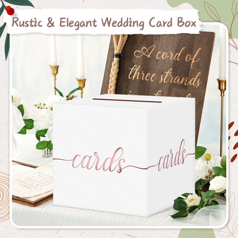 QIKSION White Wedding Card Box, Rose Gold Foil Gift Card Box for Party, Wedding Reception, Graduation, Birthday, Baby Shower, Raffle - Image 2