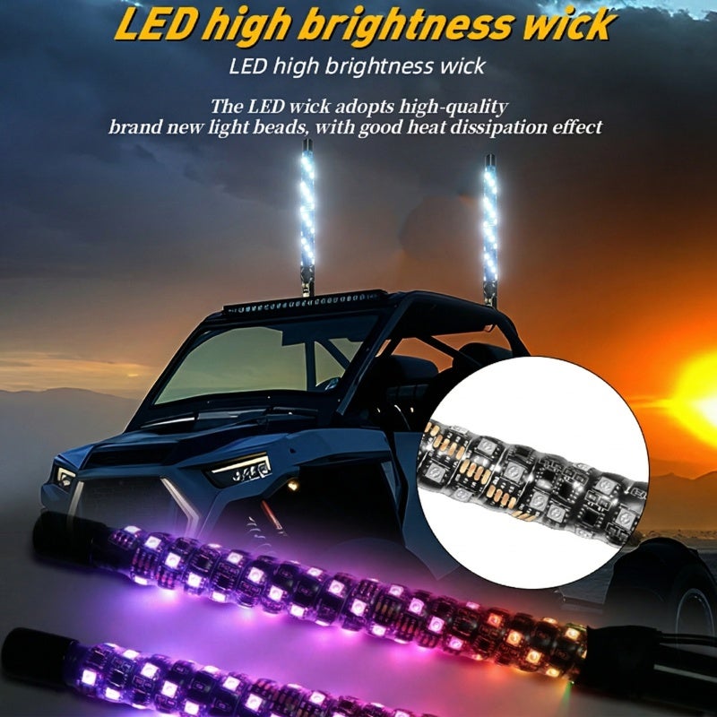 مصباح LED السوطي بزاوية 360 درجة  
مزود بـ 380 لمبة RGB بتصميم حلزوني  
تحكم ثنائي عن بُعد عبر التطبيق  
20 لونًا و300 نمط  
مقاوم للماء بمعيار IP67  
مناسب للشاحنات المخصصة للطرق الوعرة، والمركبات الرباعية، والقوارب، وهواة الأعمال اليدوية - Image 3