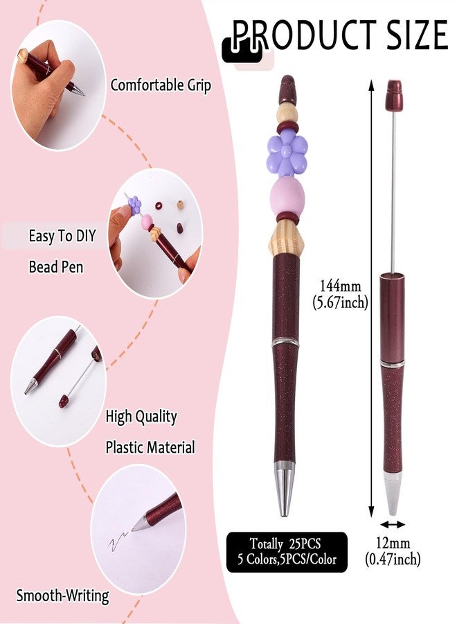 BB Beadthoven 25pcs Plastic Beadable Pens 5 Colors Bead Ballpoint Pens Set Shaft Black Ink Bead Pens for DIY Pen Decorations Supplies Office School Brown Coffee Rose Gold Pink Goldenrod - Image 2