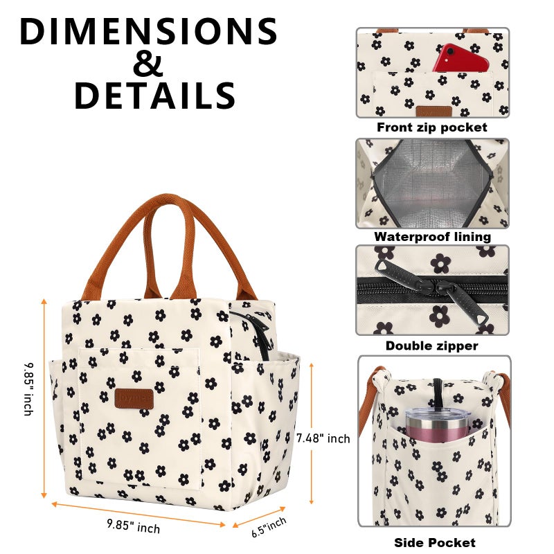 Joymee Lunch Bag Women Insulated Lunch Box Reusable Leakproof Large Spacious Cooler Tote for Women Men Adult with Bottle Holder and Side Pockets for Work Office Travel Picnic - Black Little Floral - Image 5