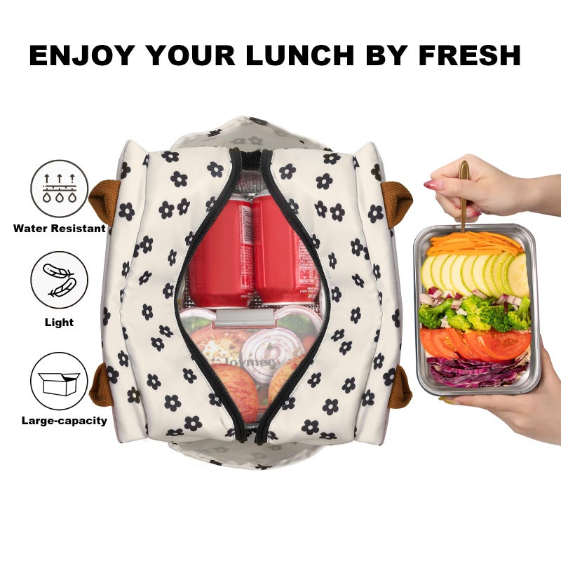 Joymee Lunch Bag Women Insulated Lunch Box Reusable Leakproof Large Spacious Cooler Tote for Women Men Adult with Bottle Holder and Side Pockets for Work Office Travel Picnic - Black Little Floral - Image 3