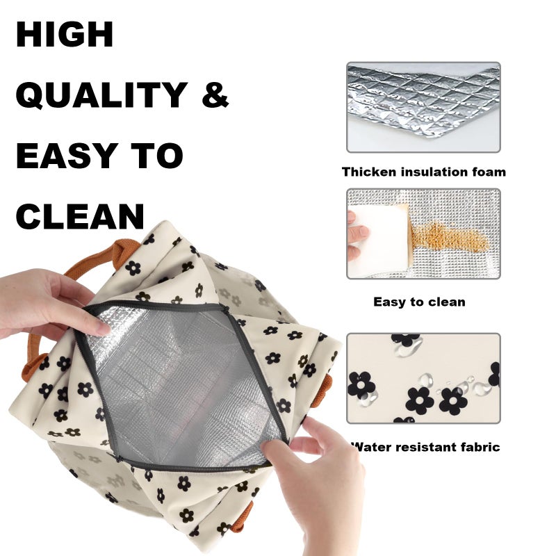 Joymee Lunch Bag Women Insulated Lunch Box Reusable Leakproof Large Spacious Cooler Tote for Women Men Adult with Bottle Holder and Side Pockets for Work Office Travel Picnic - Black Little Floral - Image 4