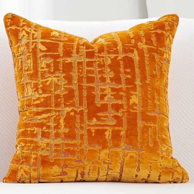 SQUARE GEOMETRICAL PLAID STRIPED CUT VELVET THROW PILLOW COVER 20X20 INCH LUXURY MODERN DECORATIVE ACCENT PILLOW COVER FOR COUCH LIVING ROOM BEDROOM ORANGE