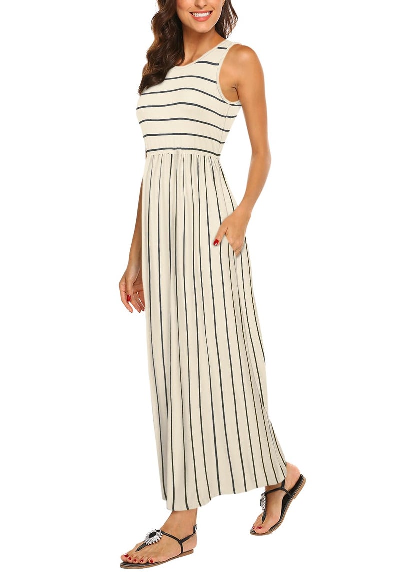 Hount Summer Dresses for Women Casual Sleeveless Striped Maxi Sundresses Apricot L - Image 1