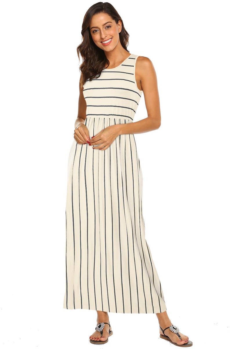 Hount Summer Dresses for Women Casual Sleeveless Striped Maxi Sundresses Apricot L - Image 3