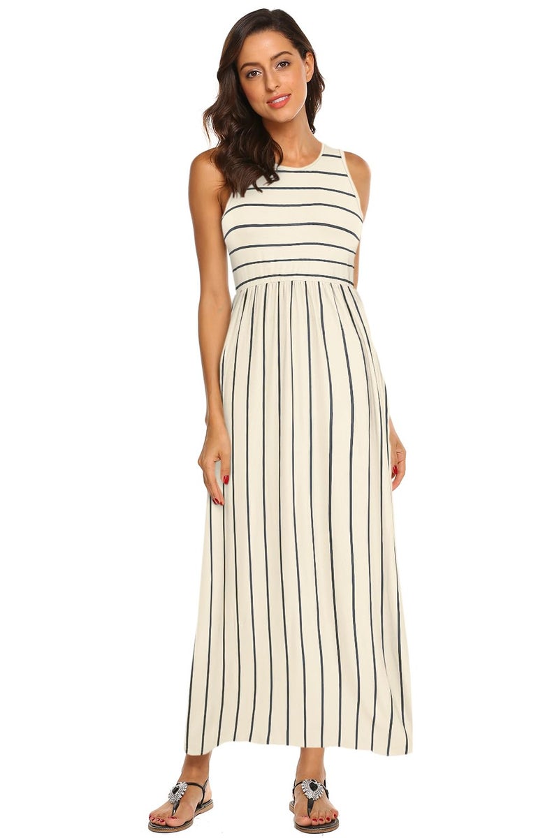 Hount Summer Dresses for Women Casual Sleeveless Striped Maxi Sundresses Apricot L - Image 5