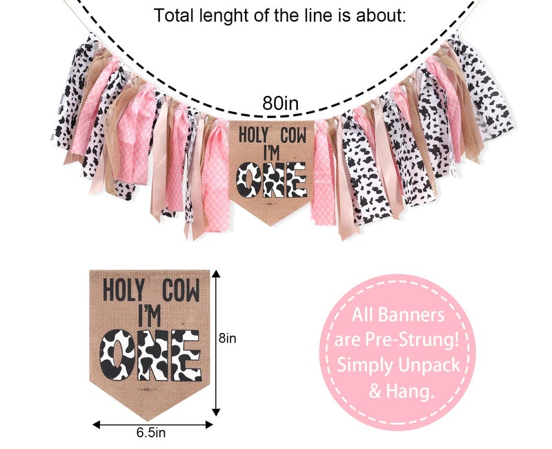 UOAOU Cowgirl 1st Birthday High Chair Banner - Holy Cow I'M One 1st Birthday Decorations, Cowgirl Smash Cake Photo Backdrop - Pink, 8.5 inches x 12.5 inches - Image 2