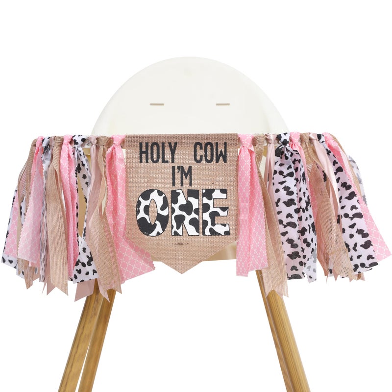 UOAOU Cowgirl 1st Birthday High Chair Banner - Holy Cow I'M One 1st Birthday Decorations, Cowgirl Smash Cake Photo Backdrop - Pink, 8.5 inches x 12.5 inches - Image 1