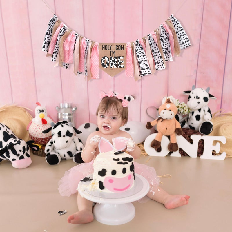 UOAOU Cowgirl 1st Birthday High Chair Banner - Holy Cow I'M One 1st Birthday Decorations, Cowgirl Smash Cake Photo Backdrop - Pink, 8.5 inches x 12.5 inches - Image 3