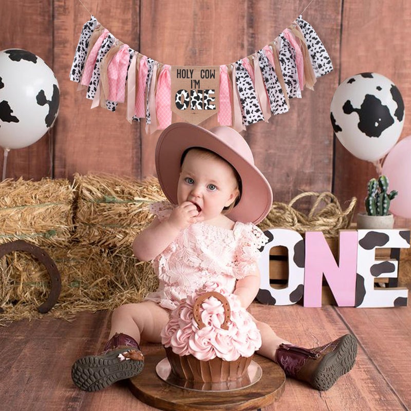 UOAOU Cowgirl 1st Birthday High Chair Banner - Holy Cow I'M One 1st Birthday Decorations, Cowgirl Smash Cake Photo Backdrop - Pink, 8.5 inches x 12.5 inches - Image 4