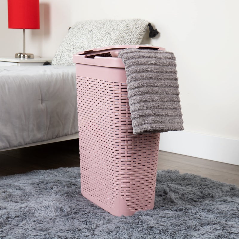 Mind Reader 40L Slim Laundry Hamper, Clothes Basket, Lid, Wicker Design, Plastic, 18"L x 10.4"W x 23.5"H, Set of 2, Pink - Image 2