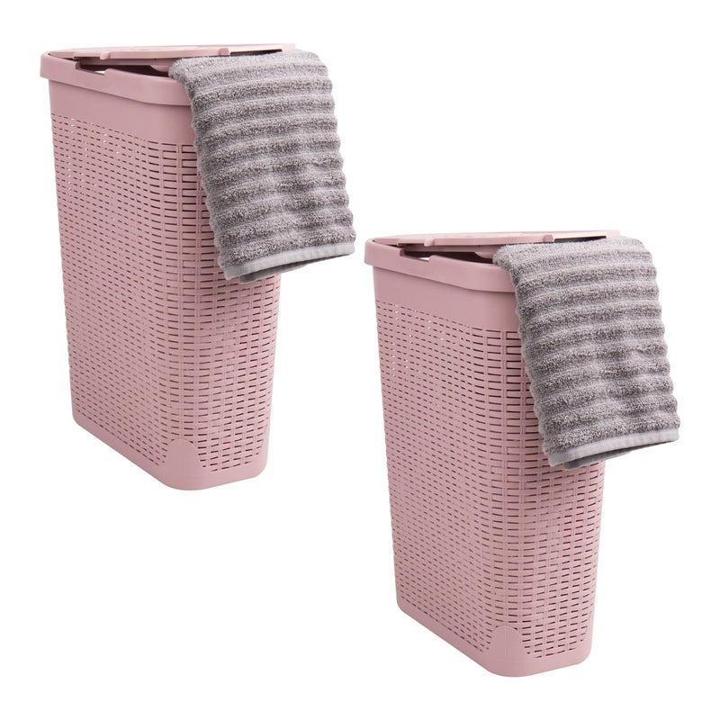 Mind Reader 40L Slim Laundry Hamper, Clothes Basket, Lid, Wicker Design, Plastic, 18"L x 10.4"W x 23.5"H, Set of 2, Pink - Image 1