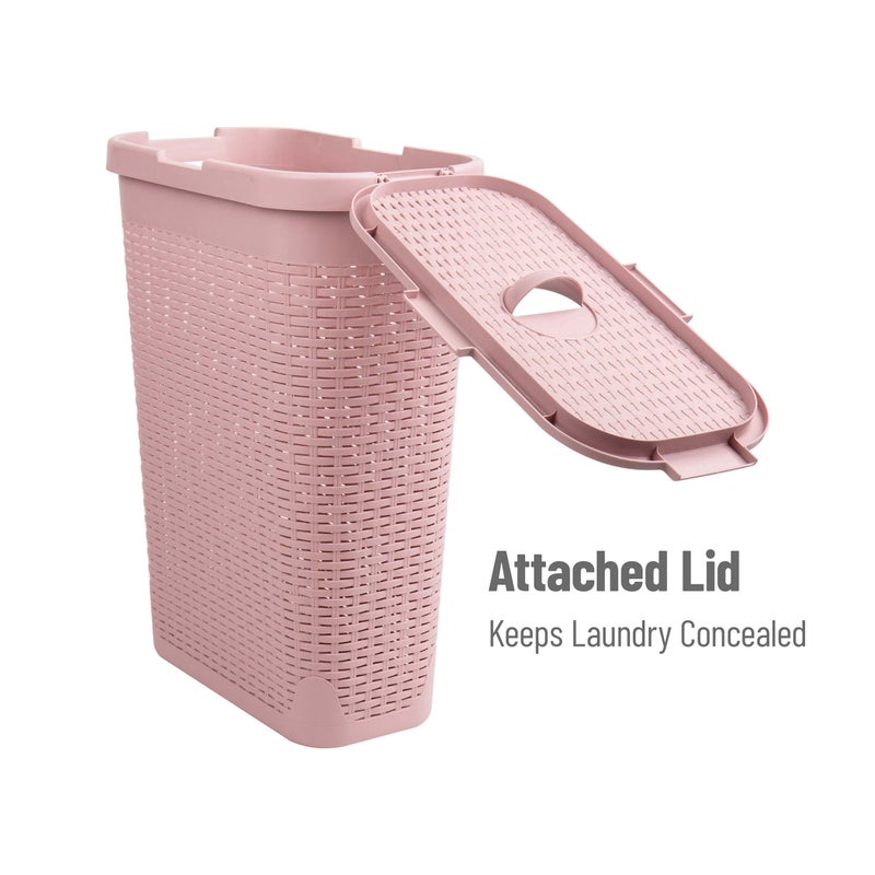 Mind Reader 40L Slim Laundry Hamper, Clothes Basket, Lid, Wicker Design, Plastic, 18"L x 10.4"W x 23.5"H, Set of 2, Pink - Image 5