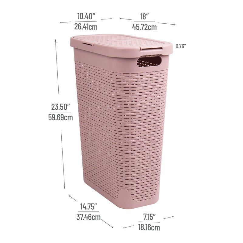 Mind Reader 40L Slim Laundry Hamper, Clothes Basket, Lid, Wicker Design, Plastic, 18"L x 10.4"W x 23.5"H, Set of 2, Pink - Image 3