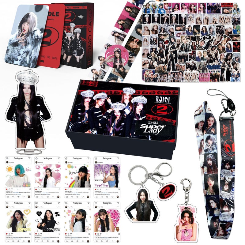 GIDLE Kpop  8-in-1 Fan Gift Set – Lanyard, Keychain, Acrylic Stand, Lomo Card,  Photo Card, 90 Stickers & 2 Washi Tape Rolls – Collectible Merch Box for Fans