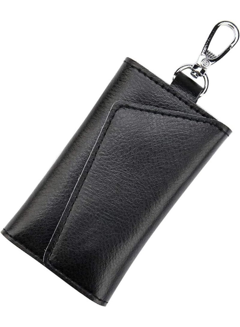 Compact Leather Key Case Wallet Keychain Key Holder Ring with 6 Hanging Buckle Hooks Snap Closure, Black - Image 1