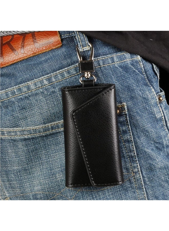 Compact Leather Key Case Wallet Keychain Key Holder Ring with 6 Hanging Buckle Hooks Snap Closure, Black - Image 4