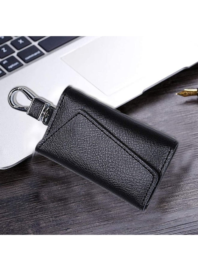 Compact Leather Key Case Wallet Keychain Key Holder Ring with 6 Hanging Buckle Hooks Snap Closure, Black - Image 5