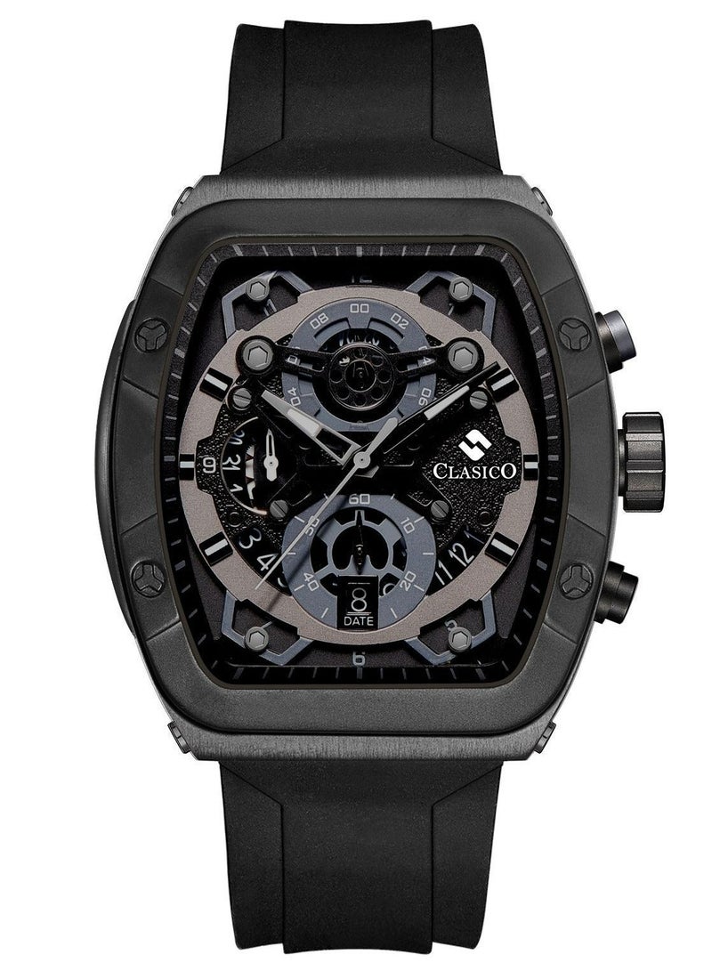 Clasico ساعة كرونوغراف فاخرة بـ 6 عقارب – إصدار هيكل تونيو الأسود منتصف الليل مع حزام سيليكون فاخر – حركة عيار Y121 النخبوية – تصميم مقاوم للماء - Image 1