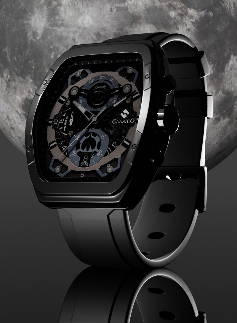 Clasico ساعة كرونوغراف فاخرة بـ 6 عقارب – إصدار هيكل تونيو الأسود منتصف الليل مع حزام سيليكون فاخر – حركة عيار Y121 النخبوية – تصميم مقاوم للماء - Image 5