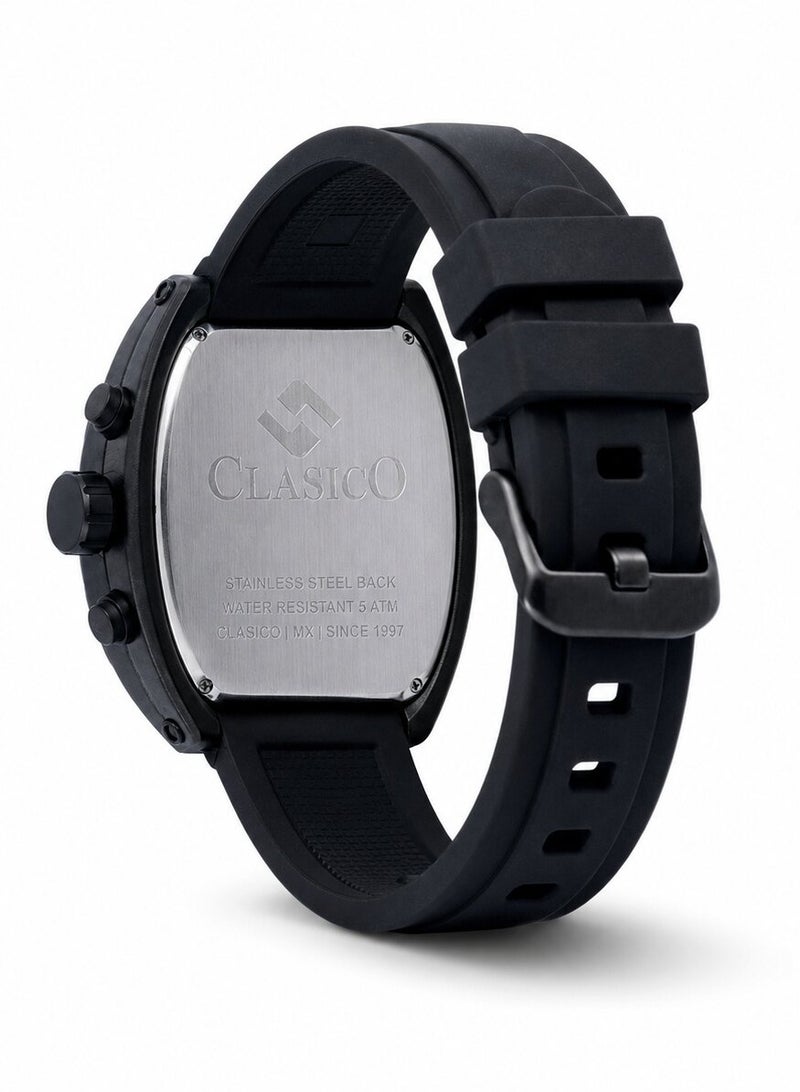 Clasico Opulent 6-Hands Chronograph Watch – Tonneau Skeleton Midnight Black Chronograph Edition with Premium Silicon Strap – Elite Y121 Calibre Movement – Waterproof Design - Image 3