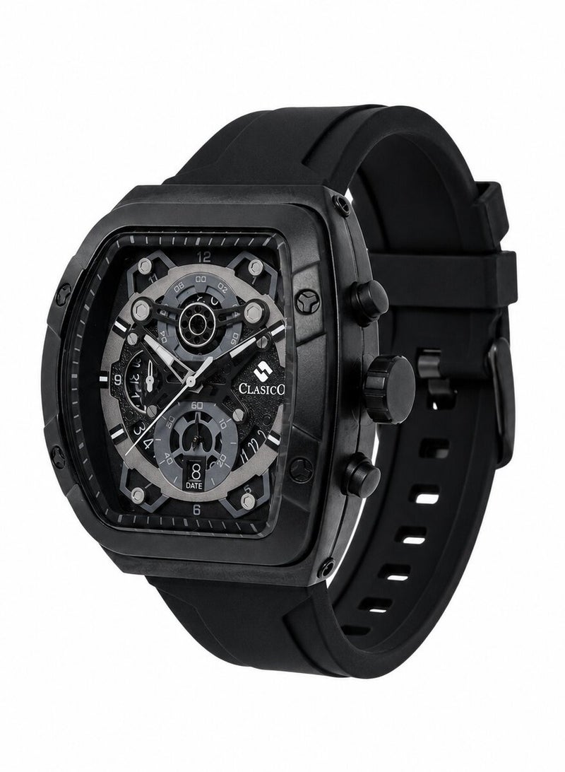 Clasico Opulent 6-Hands Chronograph Watch – Tonneau Skeleton Midnight Black Chronograph Edition with Premium Silicon Strap – Elite Y121 Calibre Movement – Waterproof Design - Image 2
