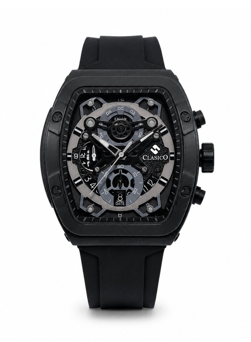 Clasico Opulent 6-Hands Chronograph Watch – Tonneau Skeleton Midnight Black Chronograph Edition with Premium Silicon Strap – Elite Y121 Calibre Movement – Waterproof Design - Image 1
