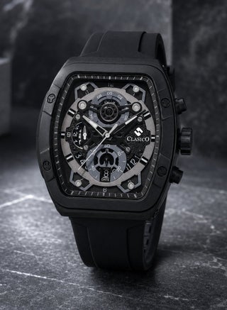 Opulent 6-Hands Chronograph Watch – Tonneau Skeleton Midnight Black Chronograph Edition with Premium Silicon Strap – Elite Y121 Calibre Movement – Waterproof Design - view 5