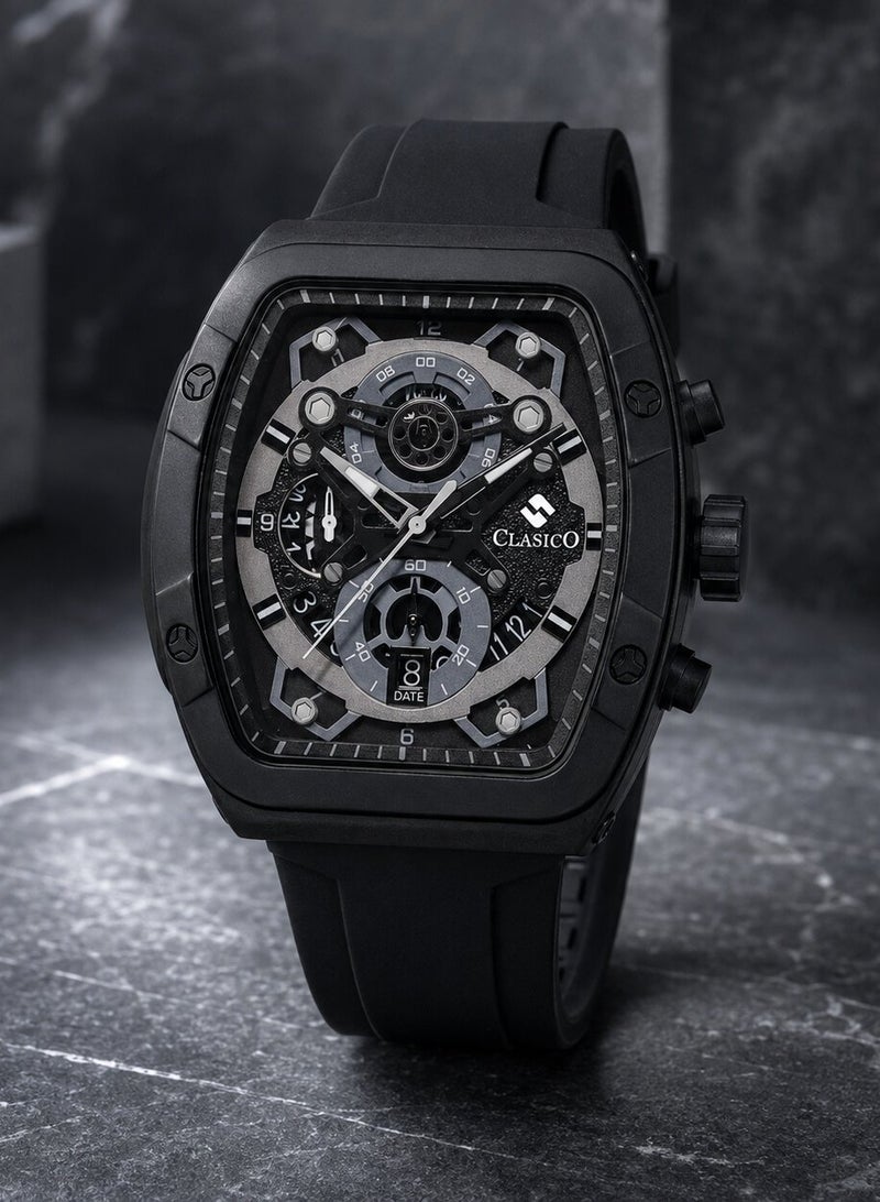 Clasico Opulent 6-Hands Chronograph Watch – Tonneau Skeleton Midnight Black Chronograph Edition with Premium Silicon Strap – Elite Y121 Calibre Movement – Waterproof Design - Image 5