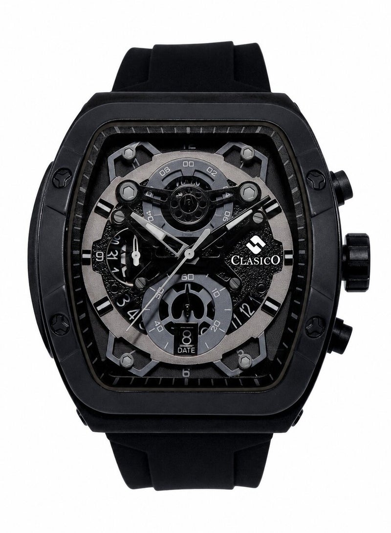 Clasico Opulent 6-Hands Chronograph Watch – Tonneau Skeleton Midnight Black Chronograph Edition with Premium Silicon Strap – Elite Y121 Calibre Movement – Waterproof Design - Image 4